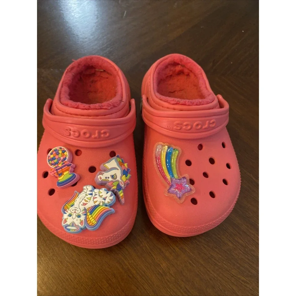 Crocs Lined Clogs Pink Unicorn Cat Bubble Gum‎ Jibbitz Girls Size C10